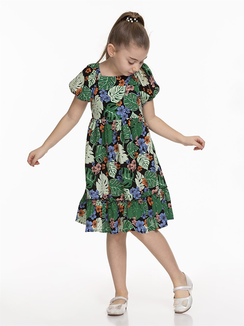 Square Neck Patterned Short Sleeve Girl's Dress