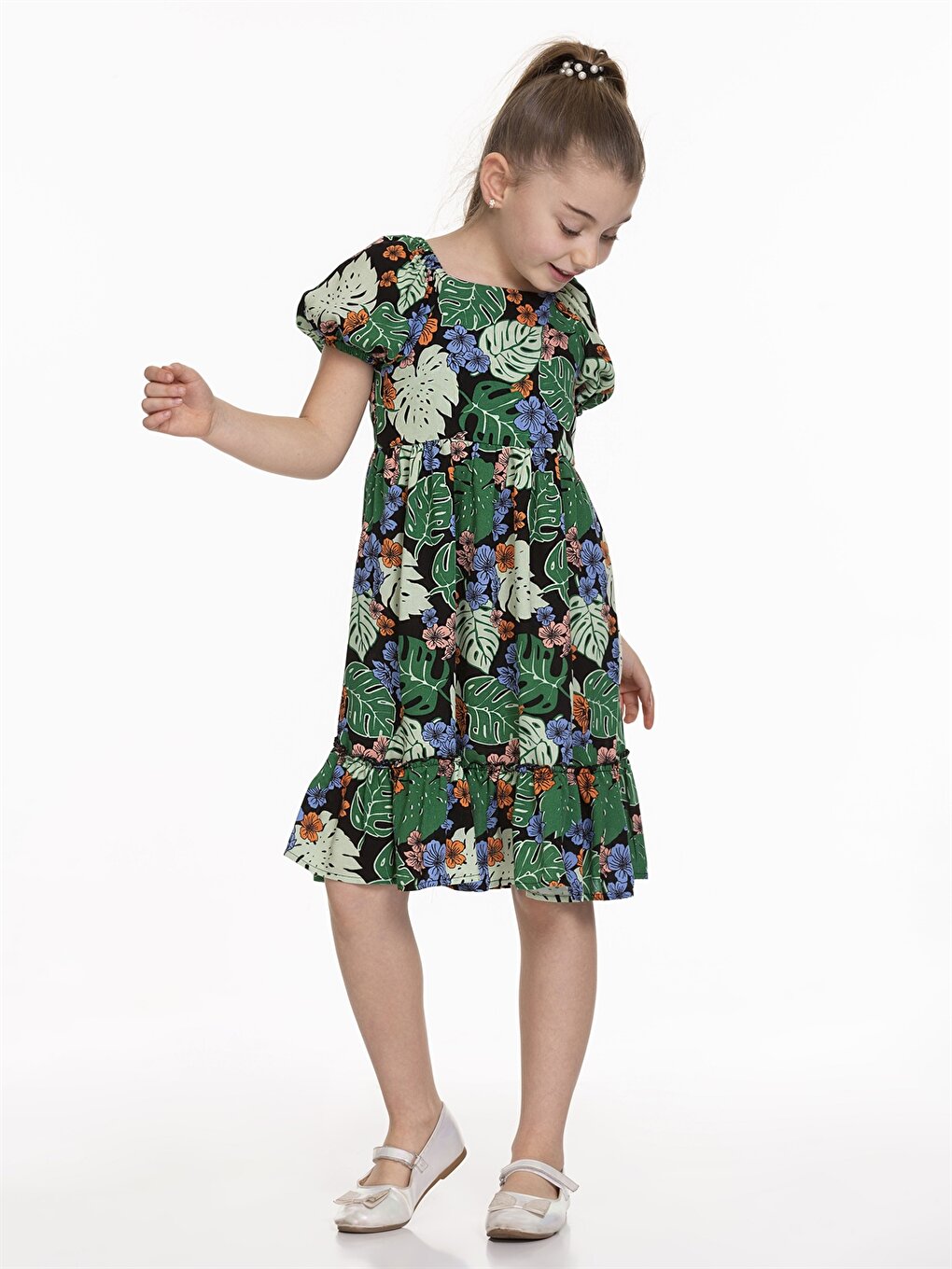 Square Neck Patterned Short Sleeve Girl's Dress