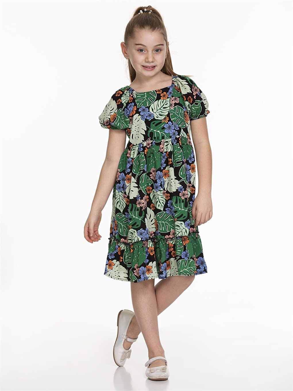 Square Neck Patterned Short Sleeve Girl's Dress