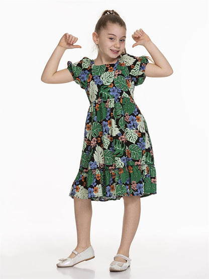 Square Neck Patterned Short Sleeve Girl's Dress