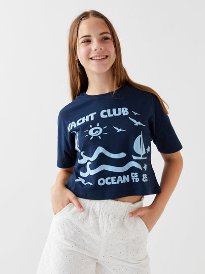 Crew Neck Printed Short Sleeve Girls Crop T-Shirt