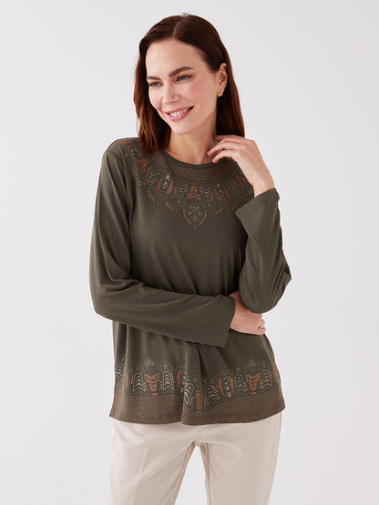 Crew Neck Embroidered Long Sleeve Women's Blouse