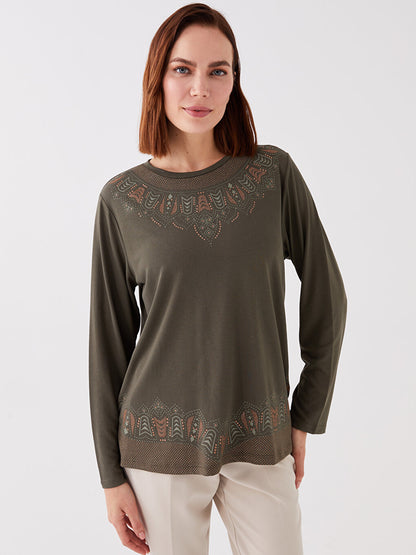 Crew Neck Embroidered Long Sleeve Women's Blouse