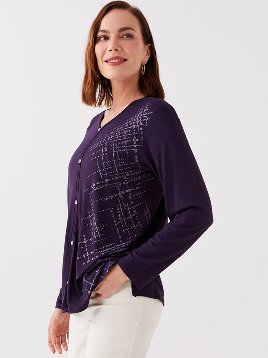 V-Neck Patterned Long Sleeve Women's Blouse