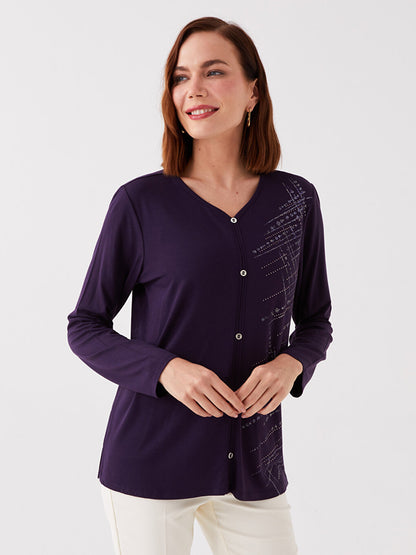 V-Neck Patterned Long Sleeve Women's Blouse