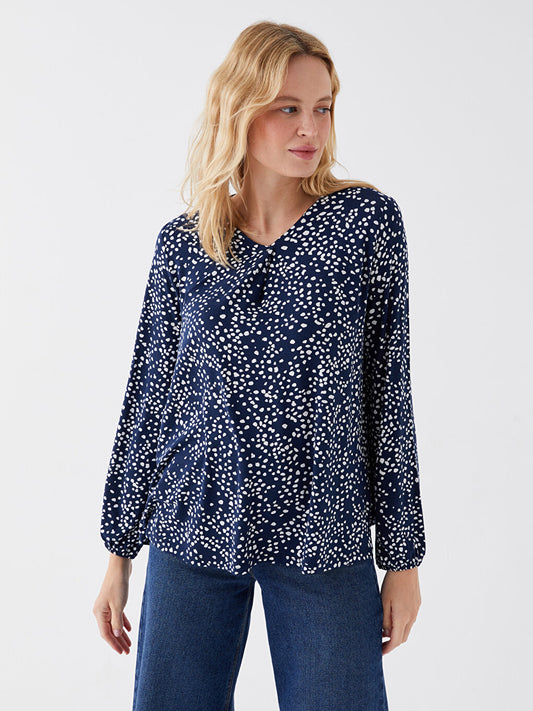 V-Neck Patterned Long Sleeve Women's Blouse