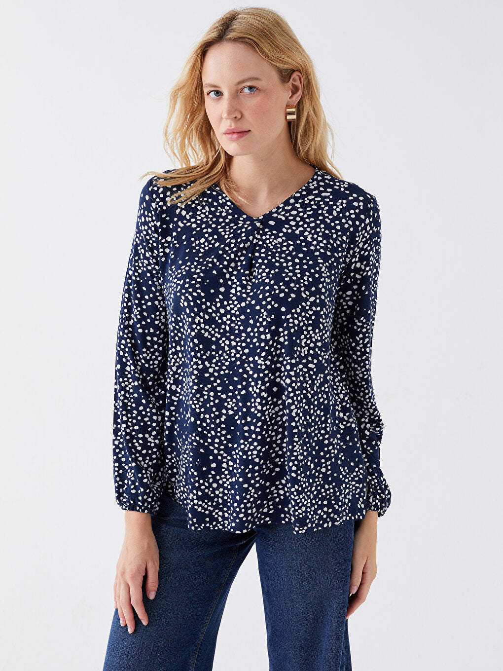 V-Neck Patterned Long Sleeve Women's Blouse