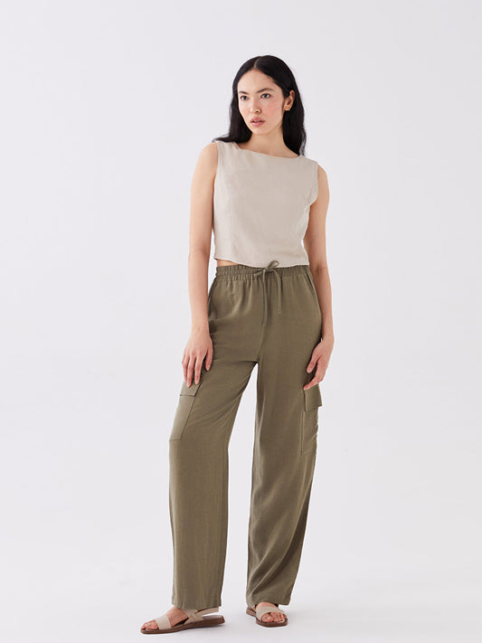 Plain Linen Blend Women's Trousers with Elastic Waist