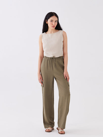 Plain Linen Blend Women's Trousers with Elastic Waist