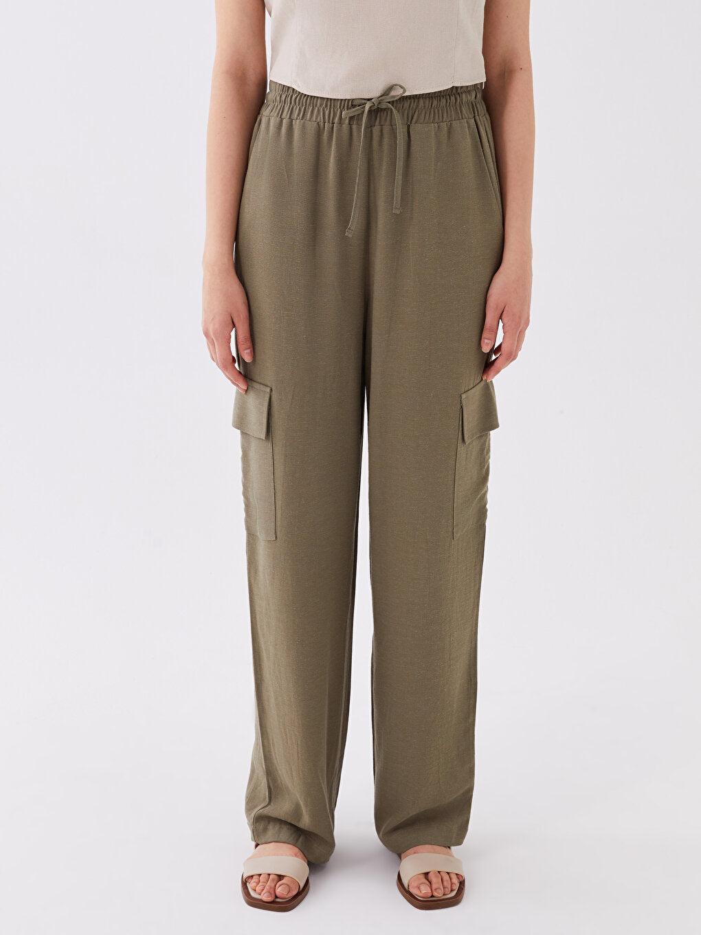 Plain Linen Blend Women's Trousers with Elastic Waist