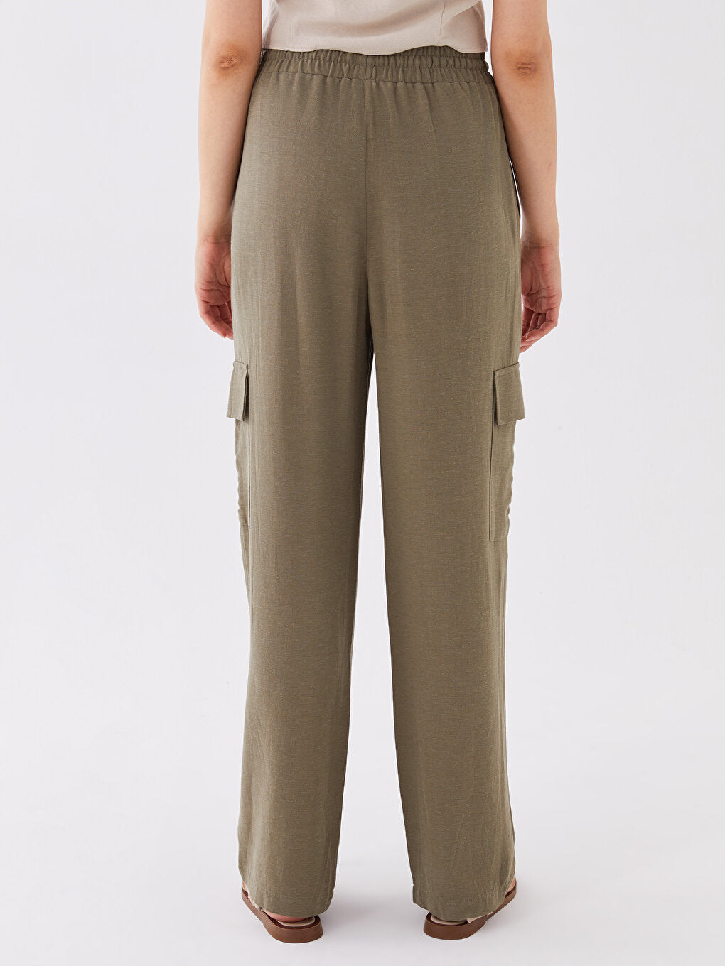 Plain Linen Blend Women's Trousers with Elastic Waist