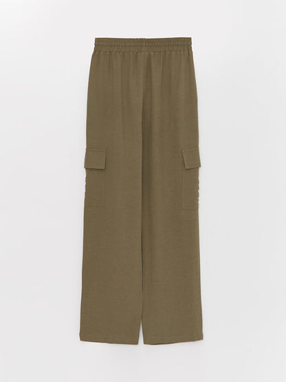 Plain Linen Blend Women's Trousers with Elastic Waist