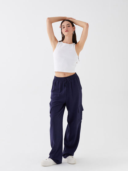 Plain Linen Blend Women's Trousers with Elastic Waist