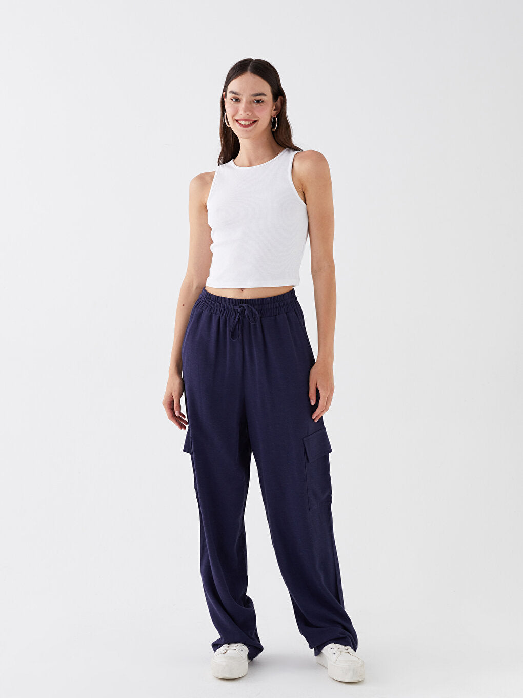 Plain Linen Blend Women's Trousers with Elastic Waist