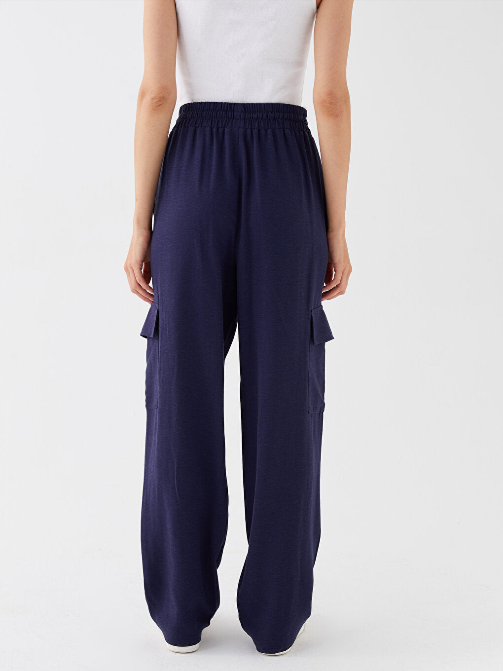 Plain Linen Blend Women's Trousers with Elastic Waist