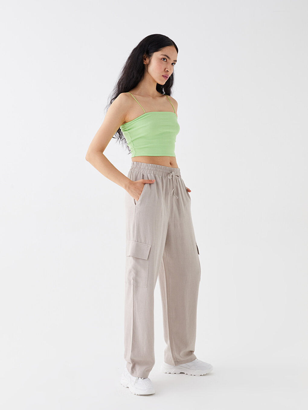 Plain Linen Blend Women's Trousers with Elastic Waist