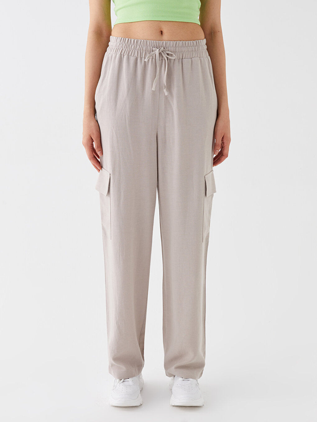 Plain Linen Blend Women's Trousers with Elastic Waist