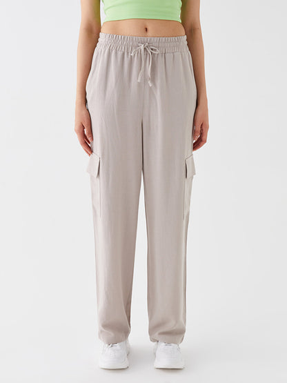 Plain Linen Blend Women's Trousers with Elastic Waist