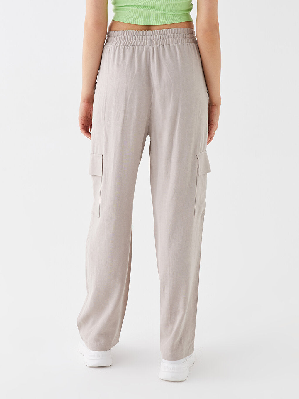 Plain Linen Blend Women's Trousers with Elastic Waist