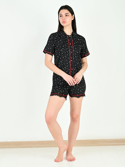 Shirt Collar Printed Short Sleeve Women's Pajama Set with Shorts