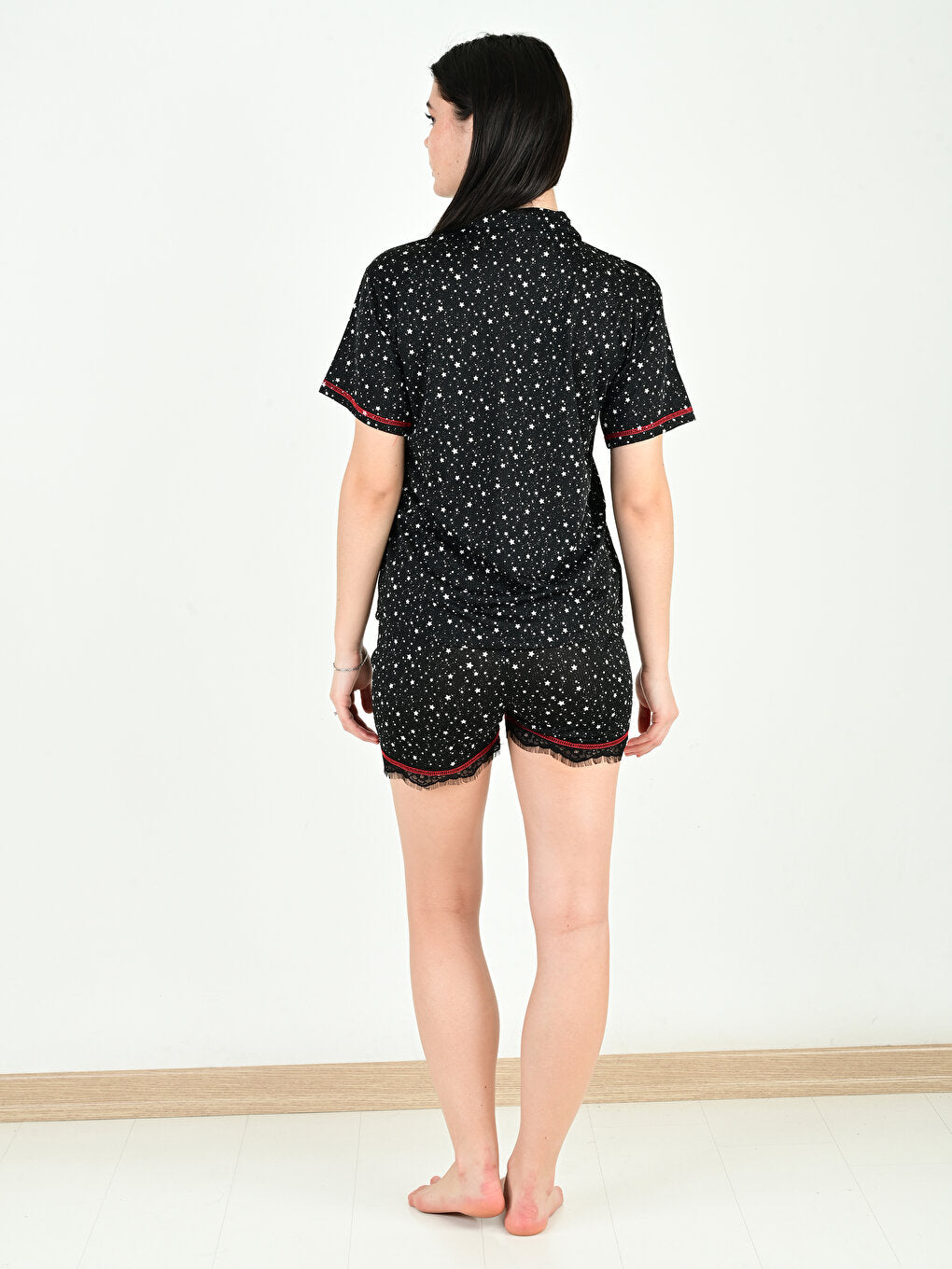 Shirt Collar Printed Short Sleeve Women's Pajama Set with Shorts