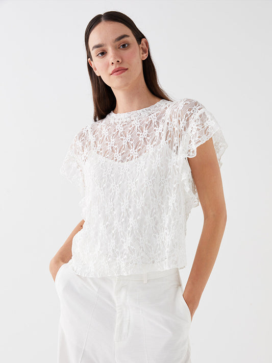 High Collar Embroidered Short Sleeve Women's Blouse