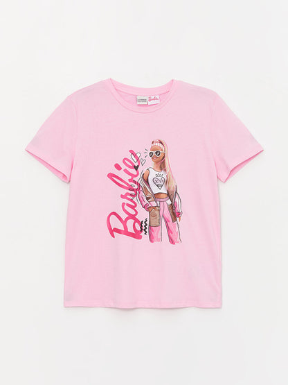 Crew Neck Barbie Printed Short Sleeve Girls' T-Shirt