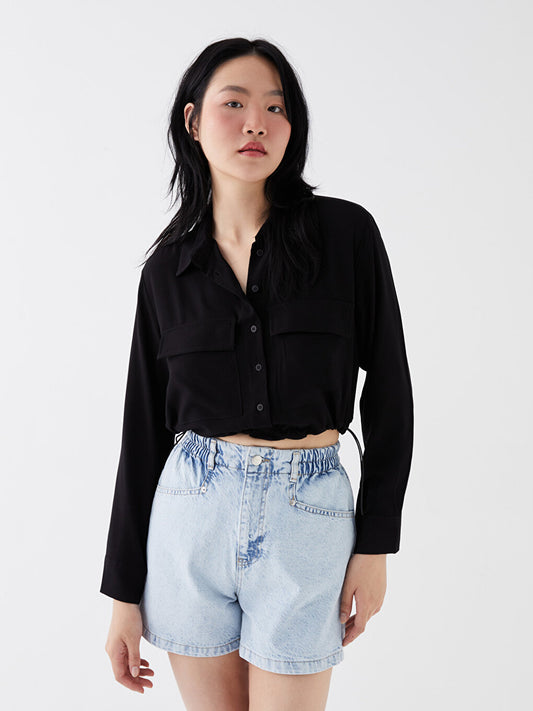 Plain Long Sleeve Crop Poplin Women's Shirt