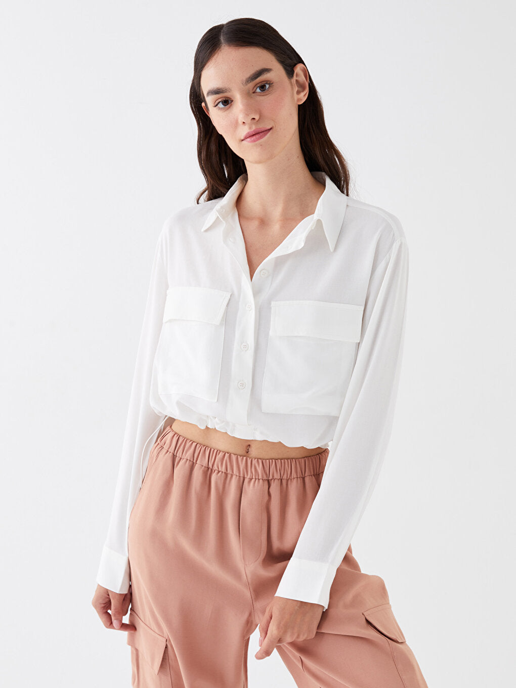 Plain Long Sleeve Crop Poplin Women's Shirt