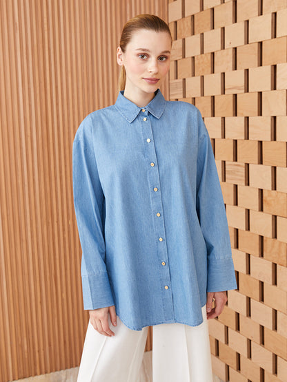 Shirt Collar Plain Long Sleeve Women's Jean Tunic