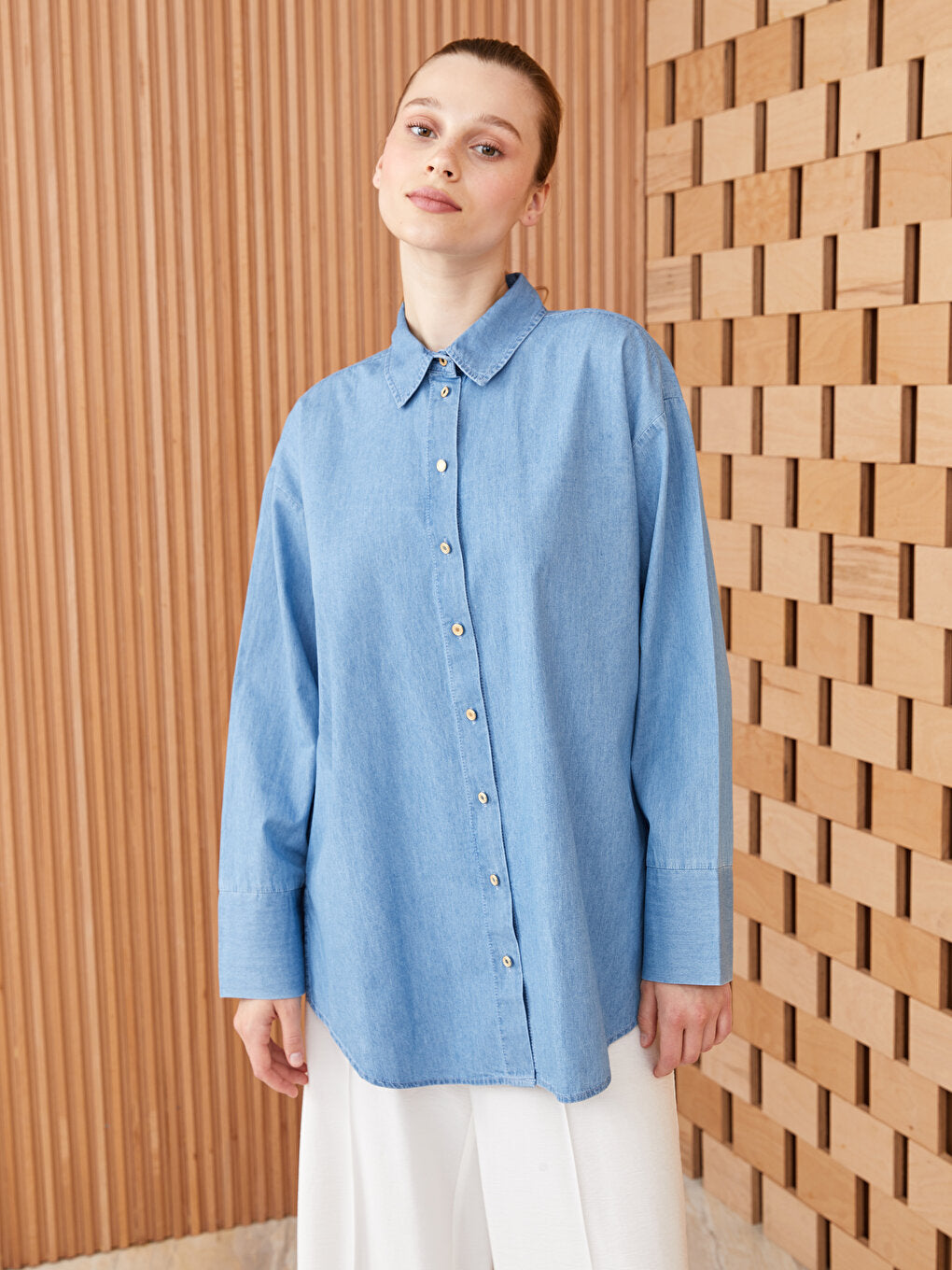 Shirt Collar Plain Long Sleeve Women's Jean Tunic