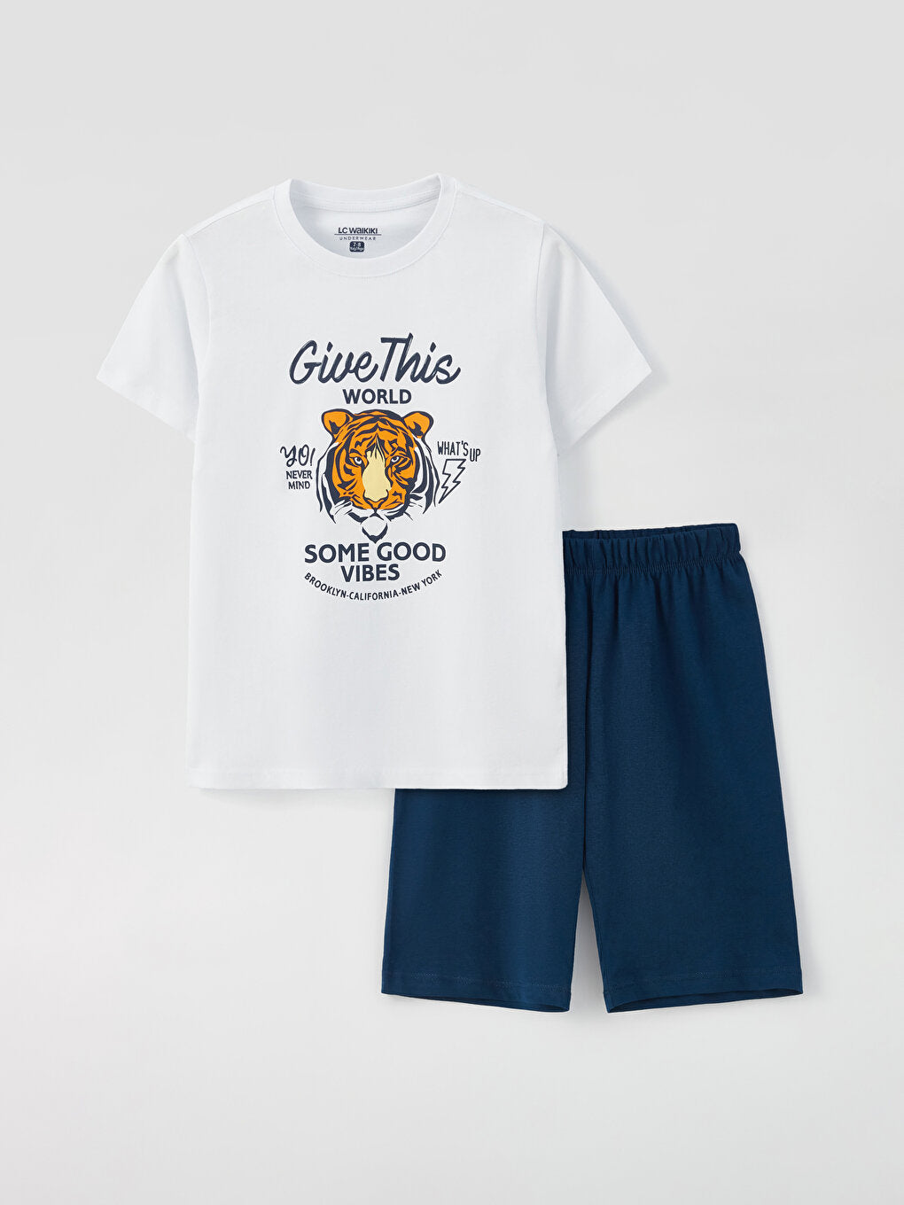 Crew Neck Printed Short Sleeve Boy's Pajama Set with Shorts