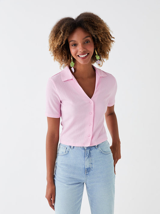 Shirt Collar Plain Short Sleeve Women's Blouse