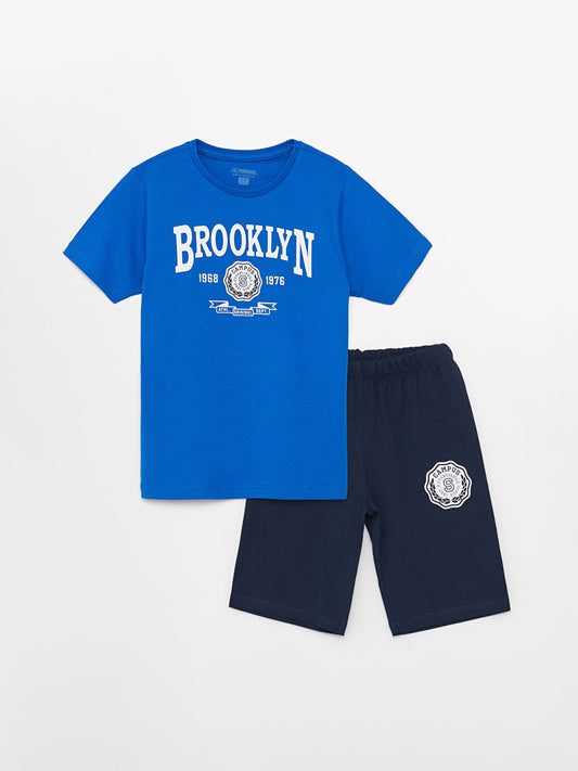 Crew Neck Printed Short Sleeve Boy's Pajama Set with Shorts