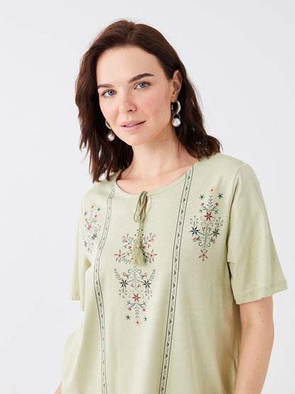 Tie Collar Patterned Short Sleeve Women's Blouse