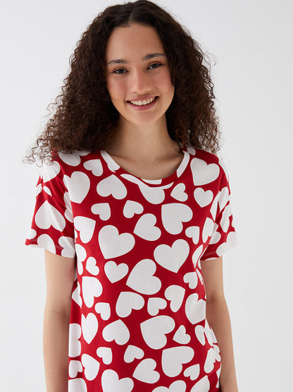 Crew Neck Patterned Short Sleeve Women's Nightgown