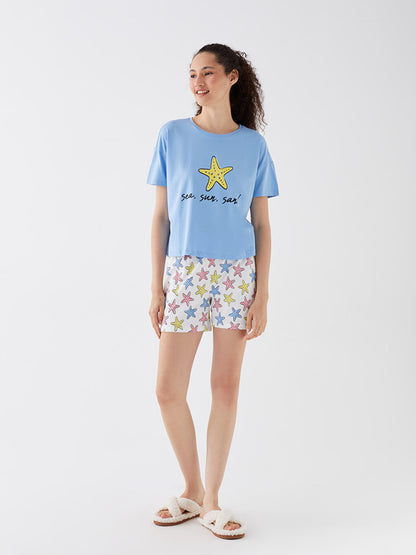 Crew Neck Printed Short Sleeve Women's Pajama Set with Shorts