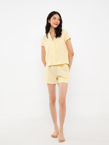 Shirt Collar Plaid Short Sleeve Women's Pajama Set with Shorts