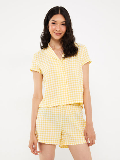 Shirt Collar Plaid Short Sleeve Women's Pajama Set with Shorts