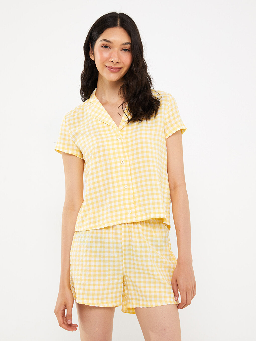 Shirt Collar Plaid Short Sleeve Women's Pajama Set with Shorts