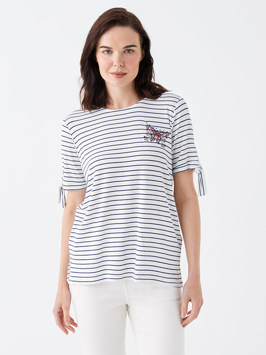 Crew Neck Striped Short Sleeve Women's Blouse