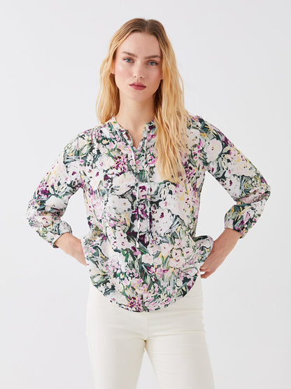 Tie-Up Collar Flower Long Sleeve Women's Blouse