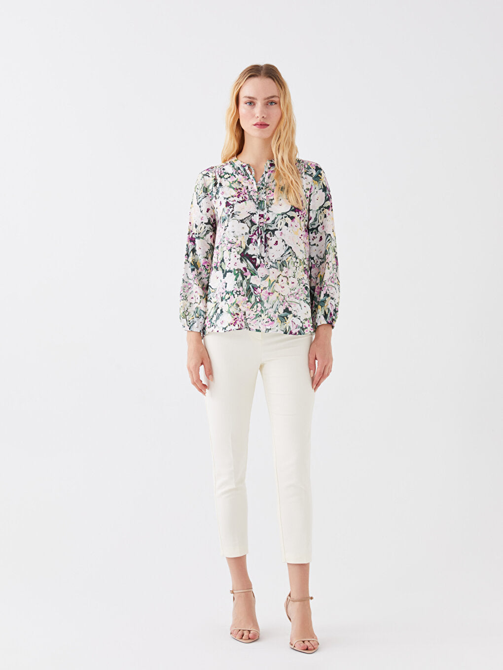 Tie-Up Collar Flower Long Sleeve Women's Blouse