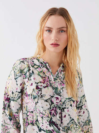 Tie-Up Collar Flower Long Sleeve Women's Blouse