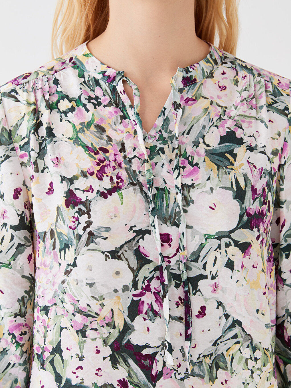 Tie-Up Collar Flower Long Sleeve Women's Blouse