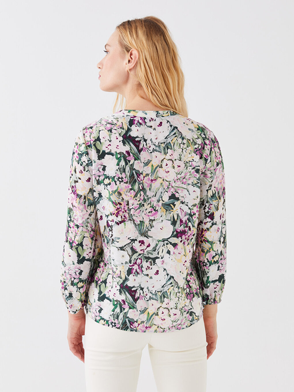 Tie-Up Collar Flower Long Sleeve Women's Blouse