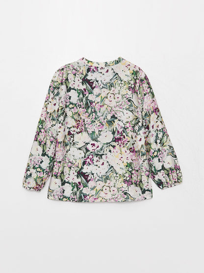 Tie-Up Collar Flower Long Sleeve Women's Blouse