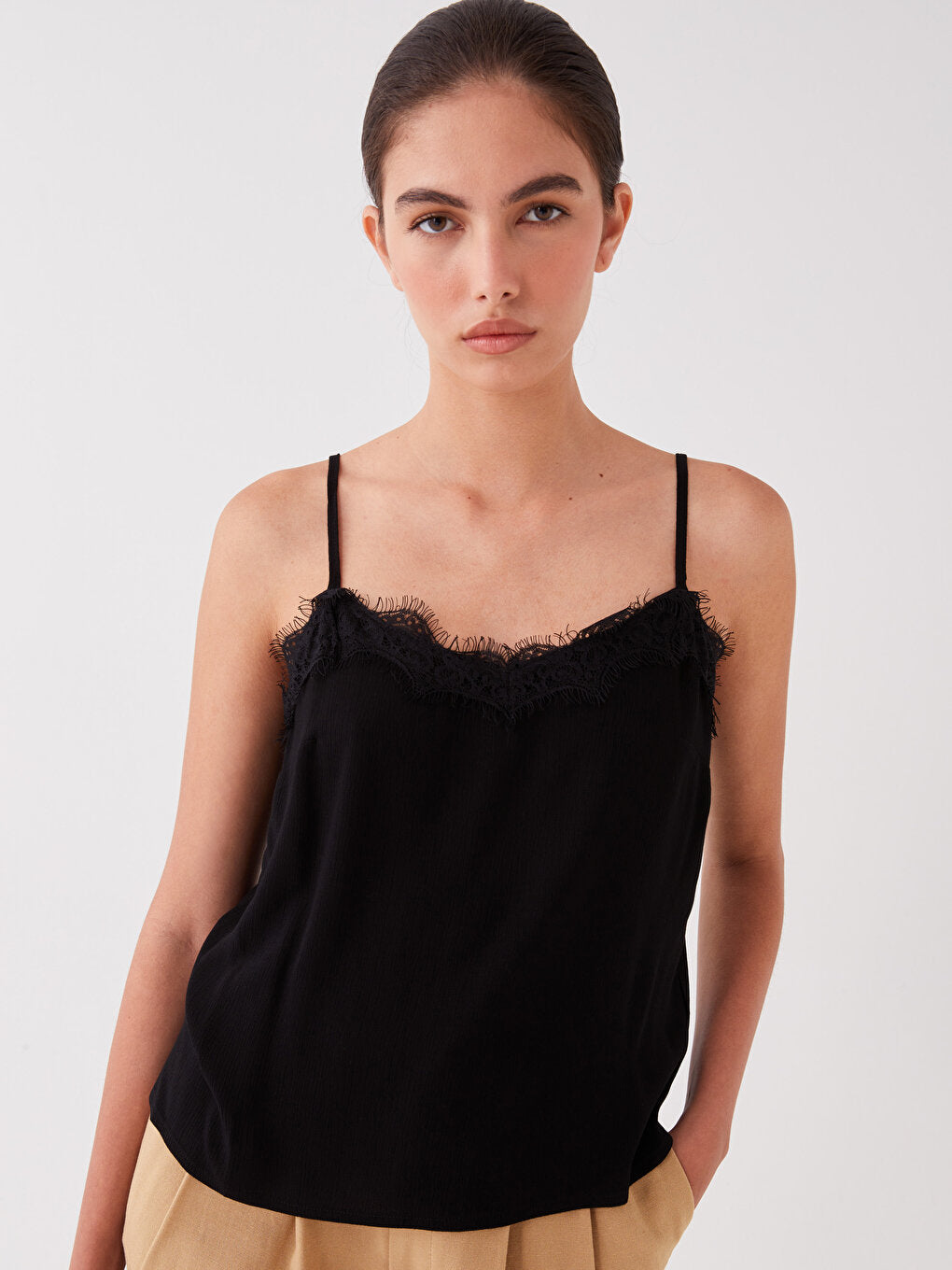 U-Neck Lace Detailed Strappy Viscose Women's Blouse