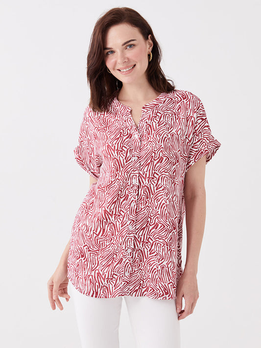 Wacky Collar Patterned Short Sleeve Women's Blouse