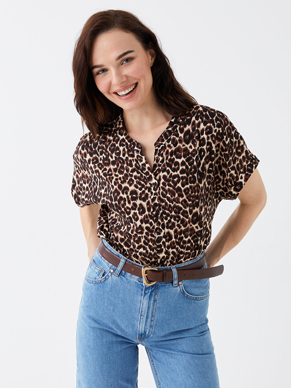 Wacky Collar Patterned Short Sleeve Women's Blouse